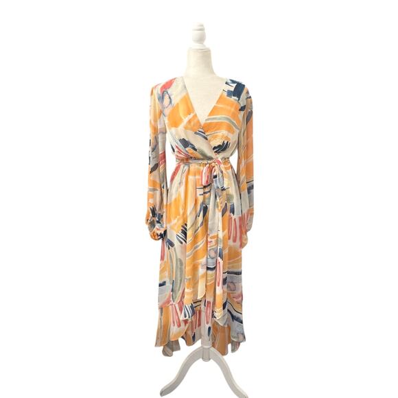 Fashion Nova Nadine Whimsy Midi Dress Abstract Floral Size Medium Faux Wrap - Picture 5 of 10
